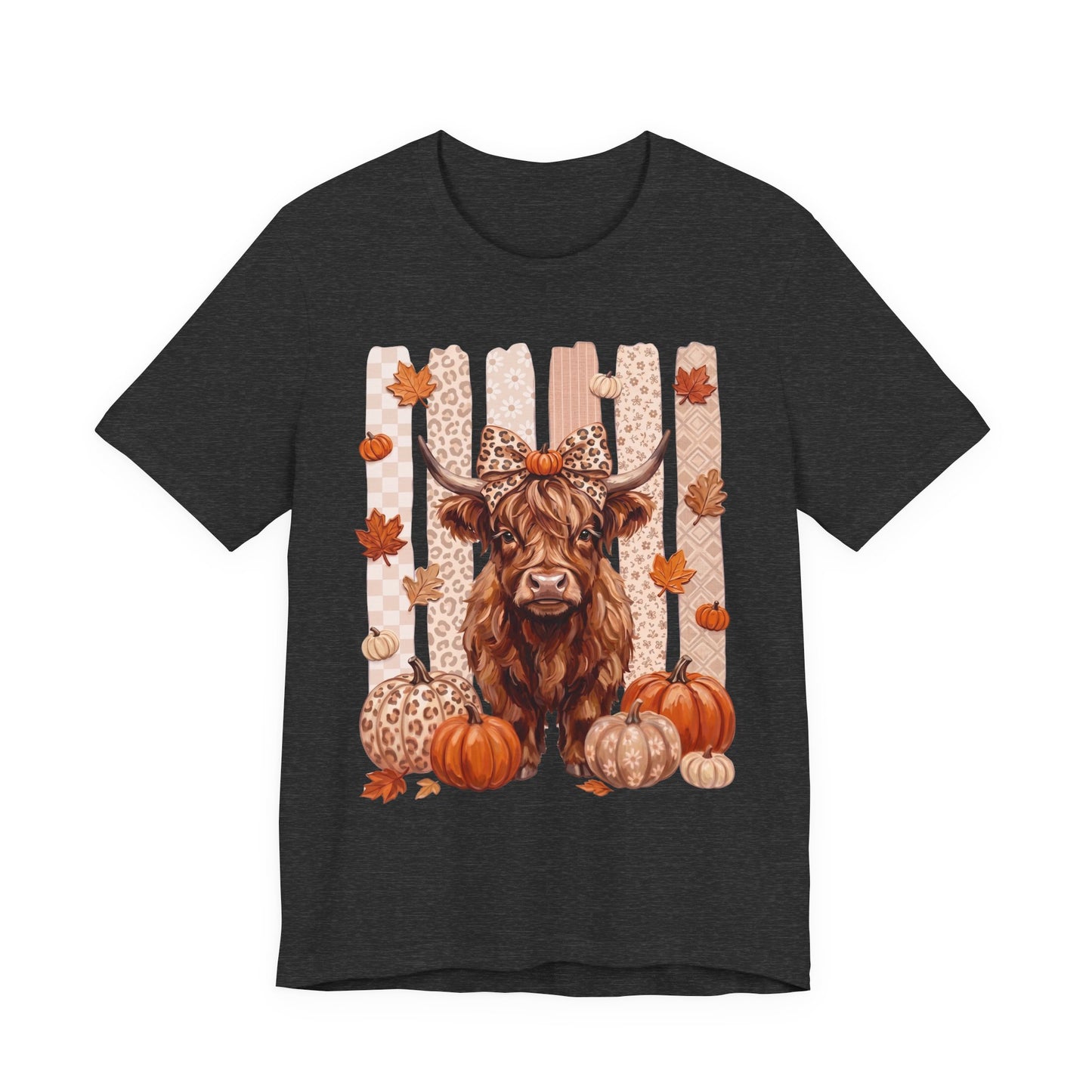 Highland Cow Autumn T-Shirt — Pumpkin & Leaves Fall Graphic Tee - 14942