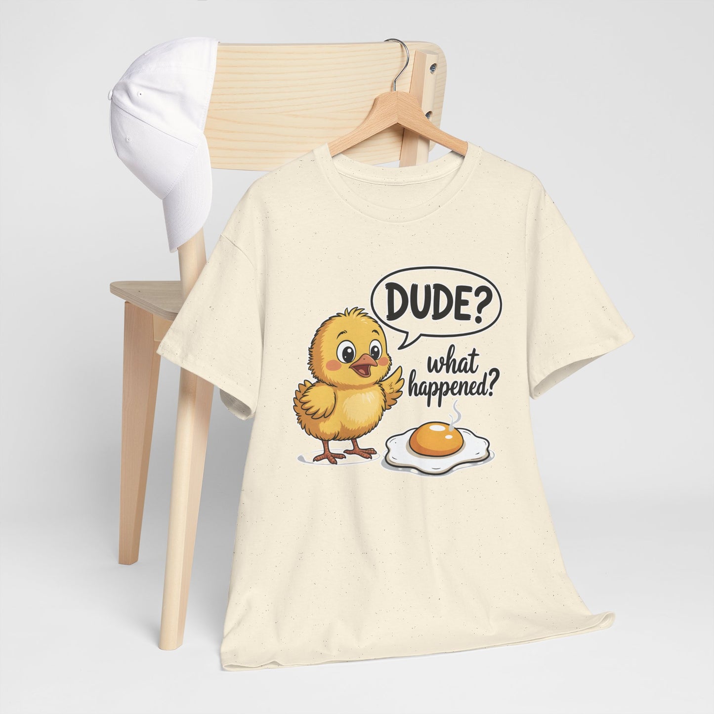 Funny Chicken T-Shirt – “Dude? What Happened?” Cute Chick & Egg Humor Tee Gift - 14849
