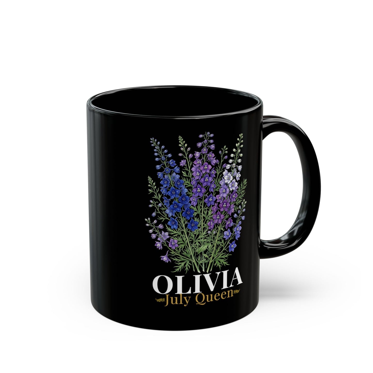 Personalized July Birth Flower Mug – Custom Name Larkspur Floral Coffee Cup, July Queen Gift for Her, Black Mug 11oz 15oz - 14905