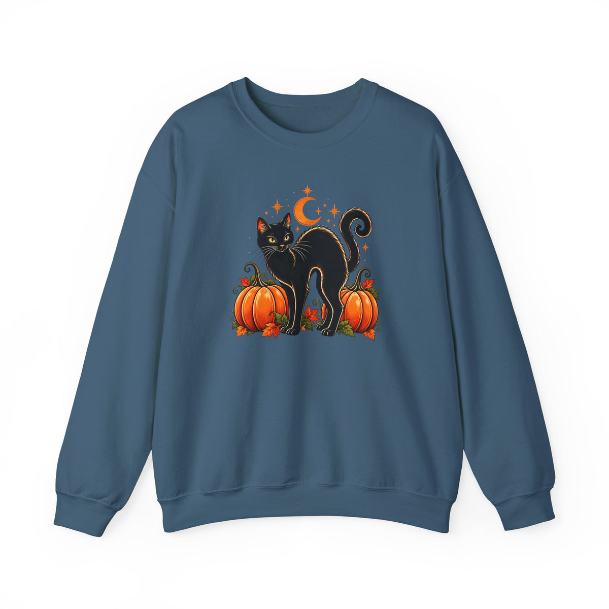 Halloween Black Cat & Pumpkins Sweatshirt, Vintage Autumn Crewneck - 14521
