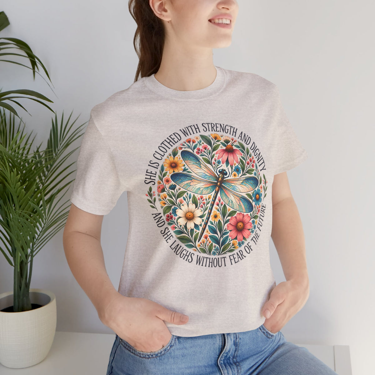 Dragonfly Floral T-Shirt, “She Is Clothed With Strength and Dignity” Inspirational Women’s Tee - 14993