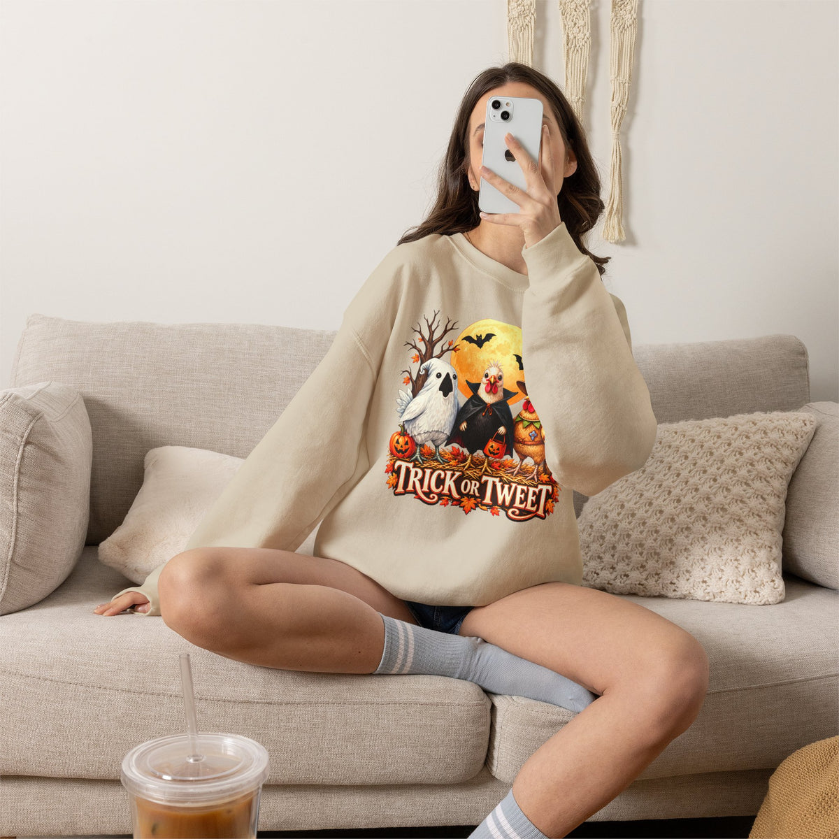 Trick or Tweet Halloween Sweatshirt, Cute Costume Chickens & Ghost Crewneck- 14512