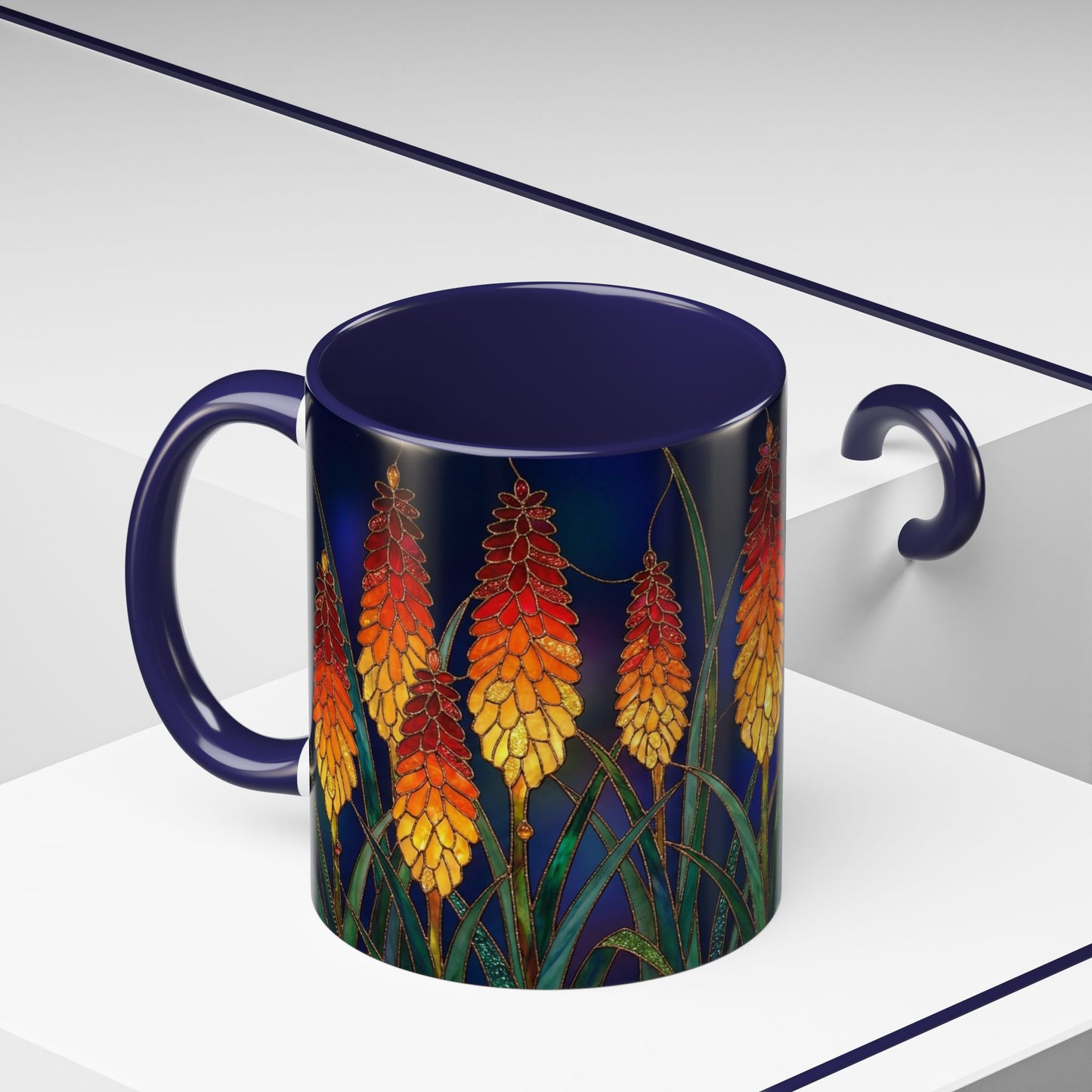 Red Hot Poker Floral Coffee Mug — Stained Glass Design (11/15oz) - 14585