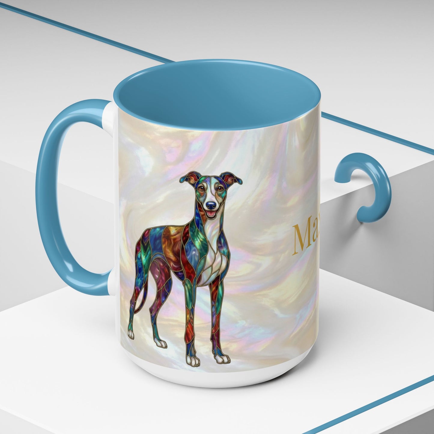 Personalized Greyhound Coffee Mug – Stained Glass Dog Accent Mug (Name Customizable)  - 14523