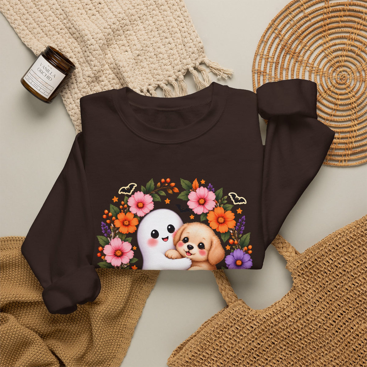 Cute Ghost & Puppy Halloween Sweatshirt,  Floral Crewneck - 14515