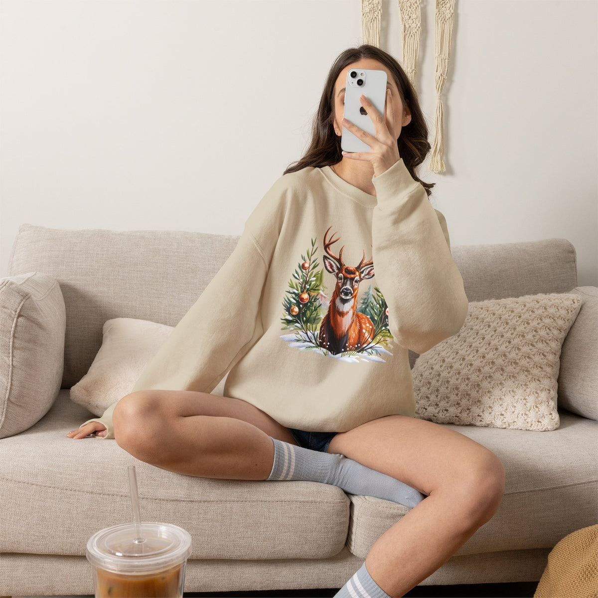 Christmas Deer Sweatshirt, Vintage Woodland Holiday Crewneck - 14562