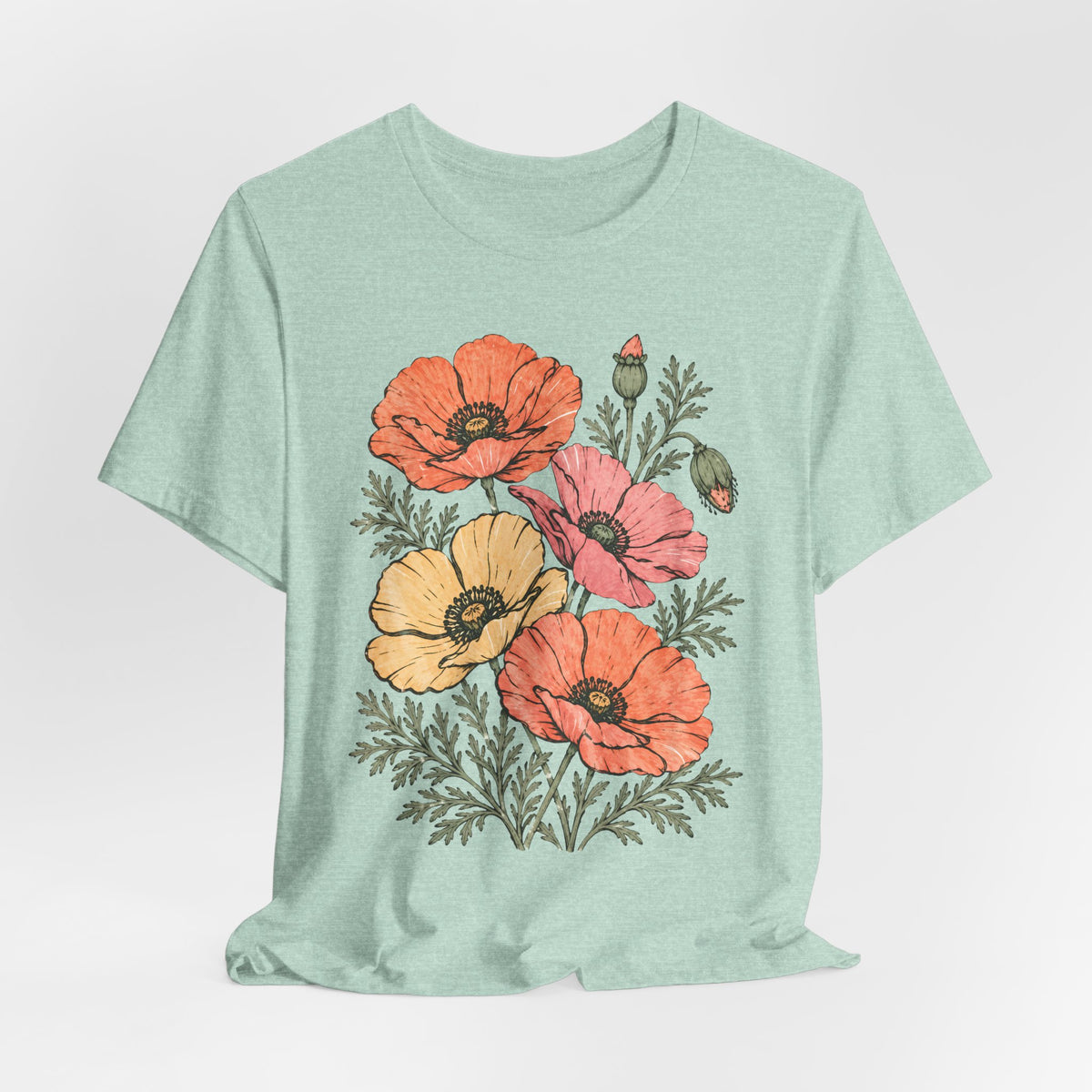 Floral Poppies T-Shirt, Vintage Wildflower Graphic Tee - 14988