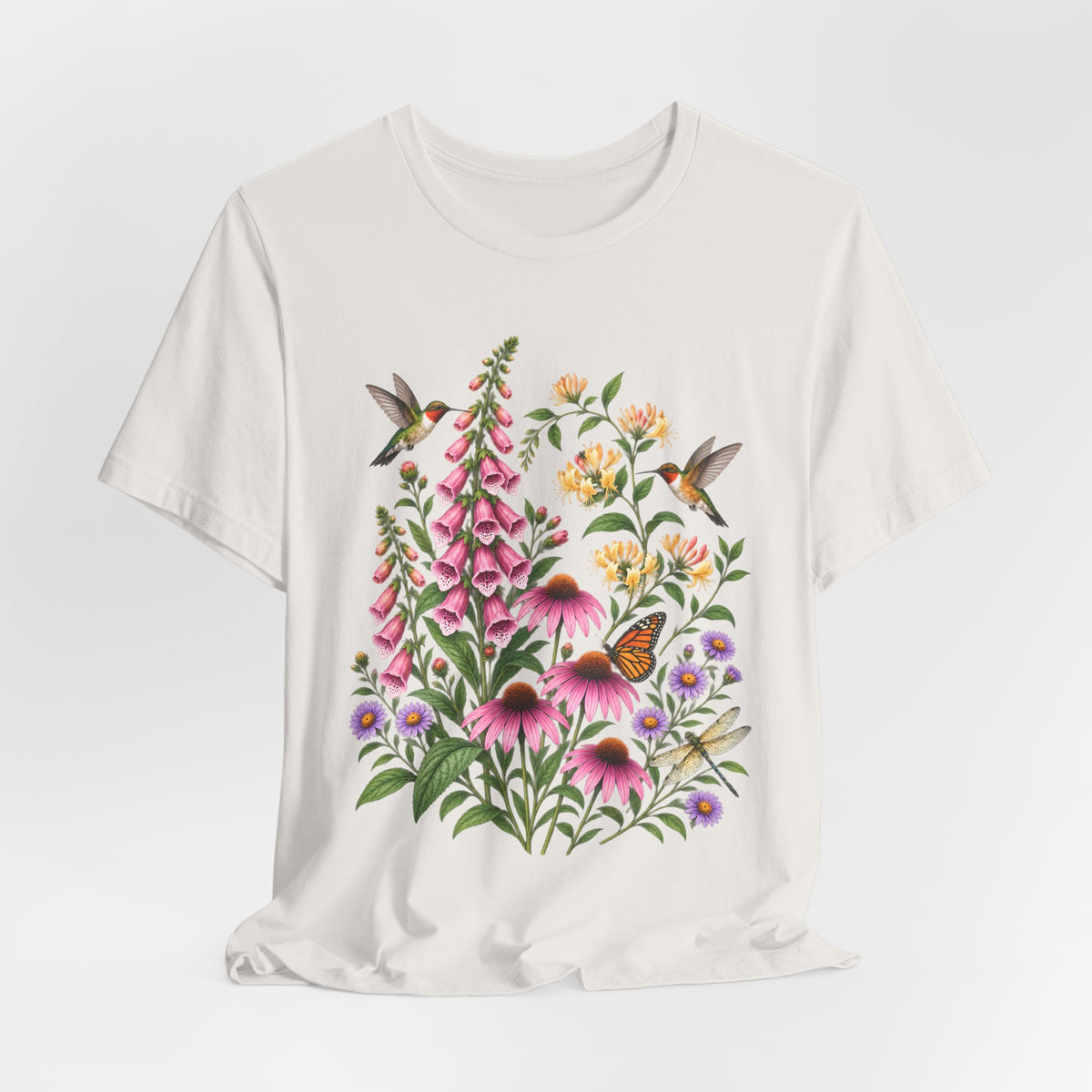 Floral Hummingbird Garden T-Shirt, Wildflower & Butterfly Botanical Tee - 14547