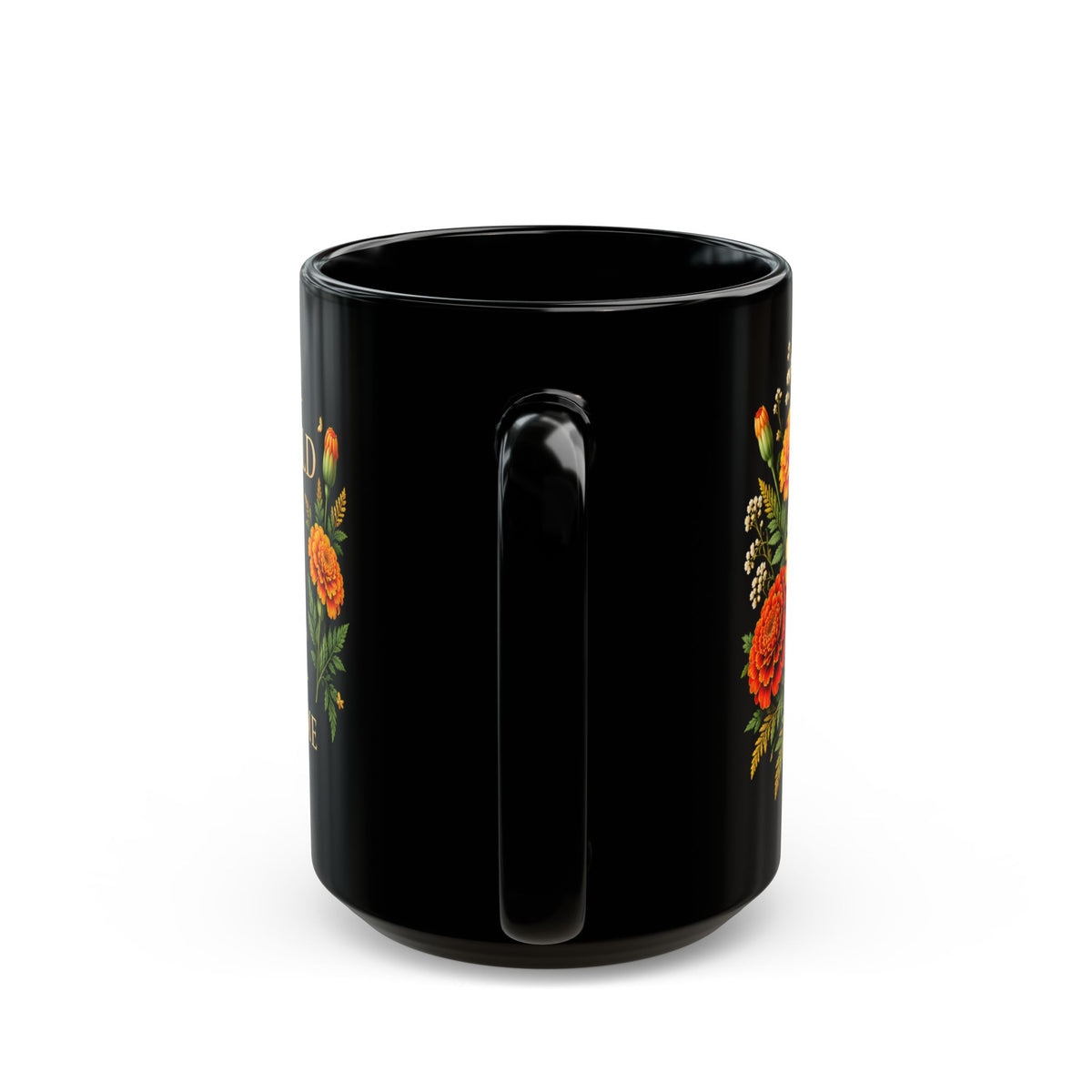 Personalized October Marigold Black Mug, Custom Name Birth Flower Coffee Cup - 14977