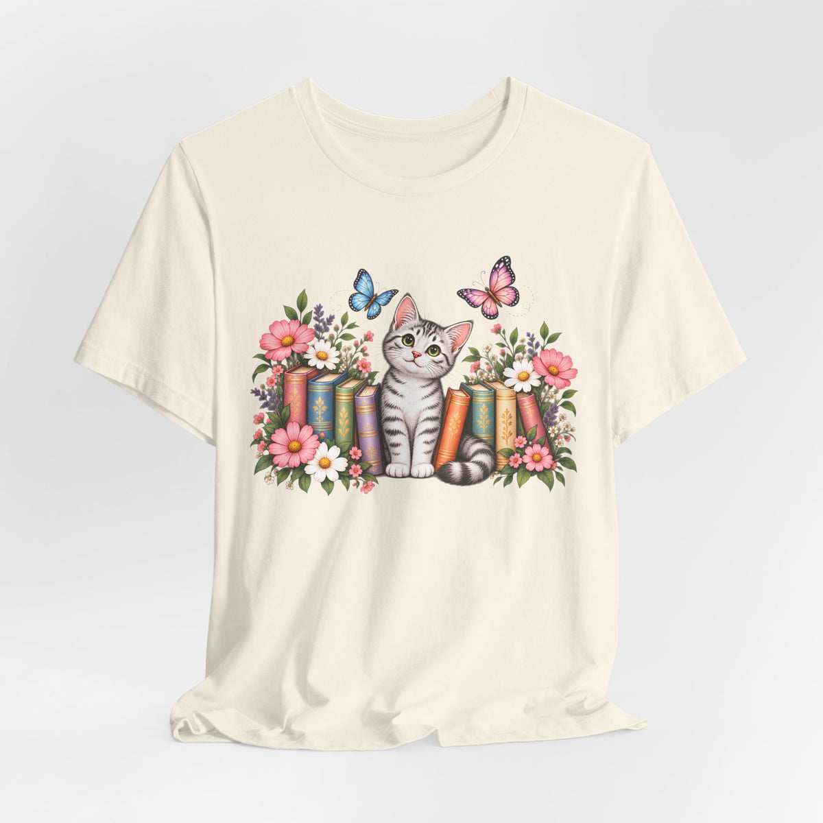 Cat & Books T-Shirt, Cute Floral Kitten & Butterfly Tee - 14526