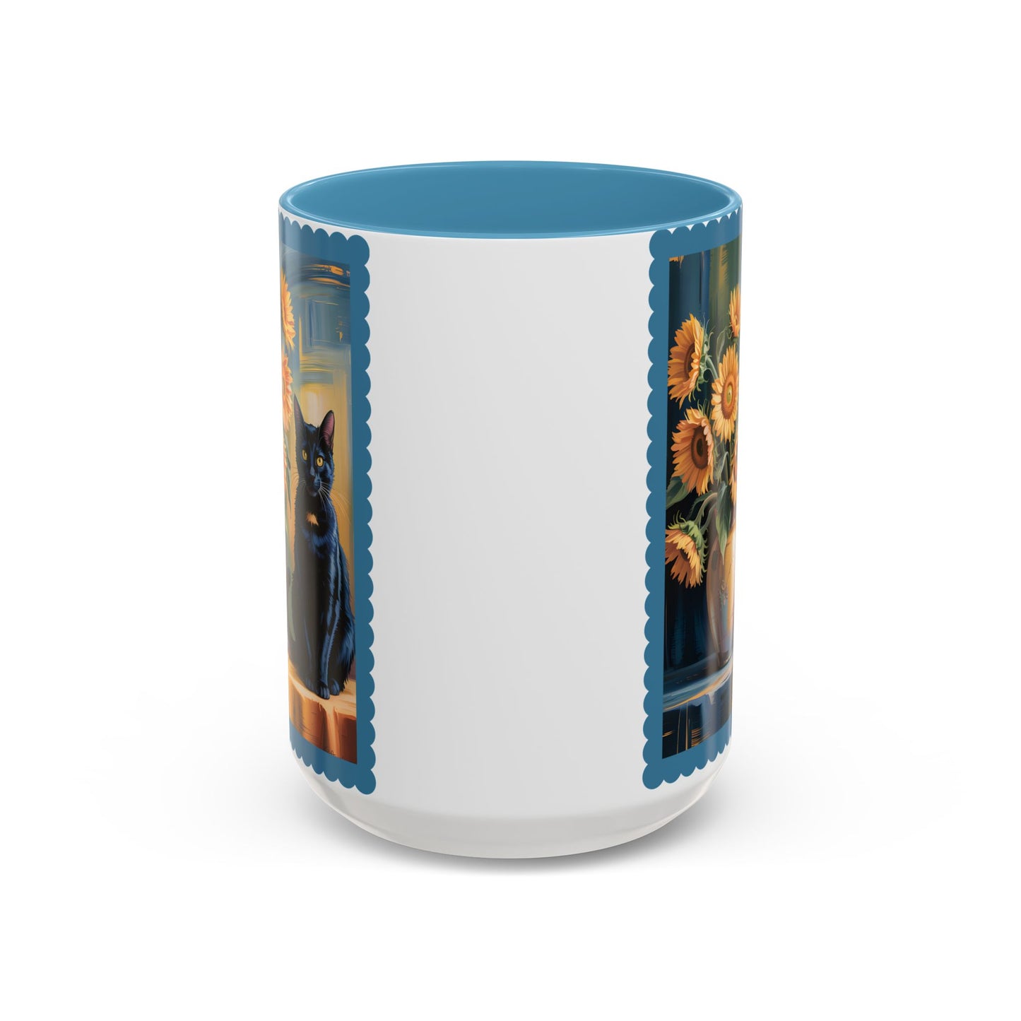 Van Gogh Style Black Cat & Sunflowers Accent Mug – Art Lover Coffee Cup (11oz / 15oz) - 14765
