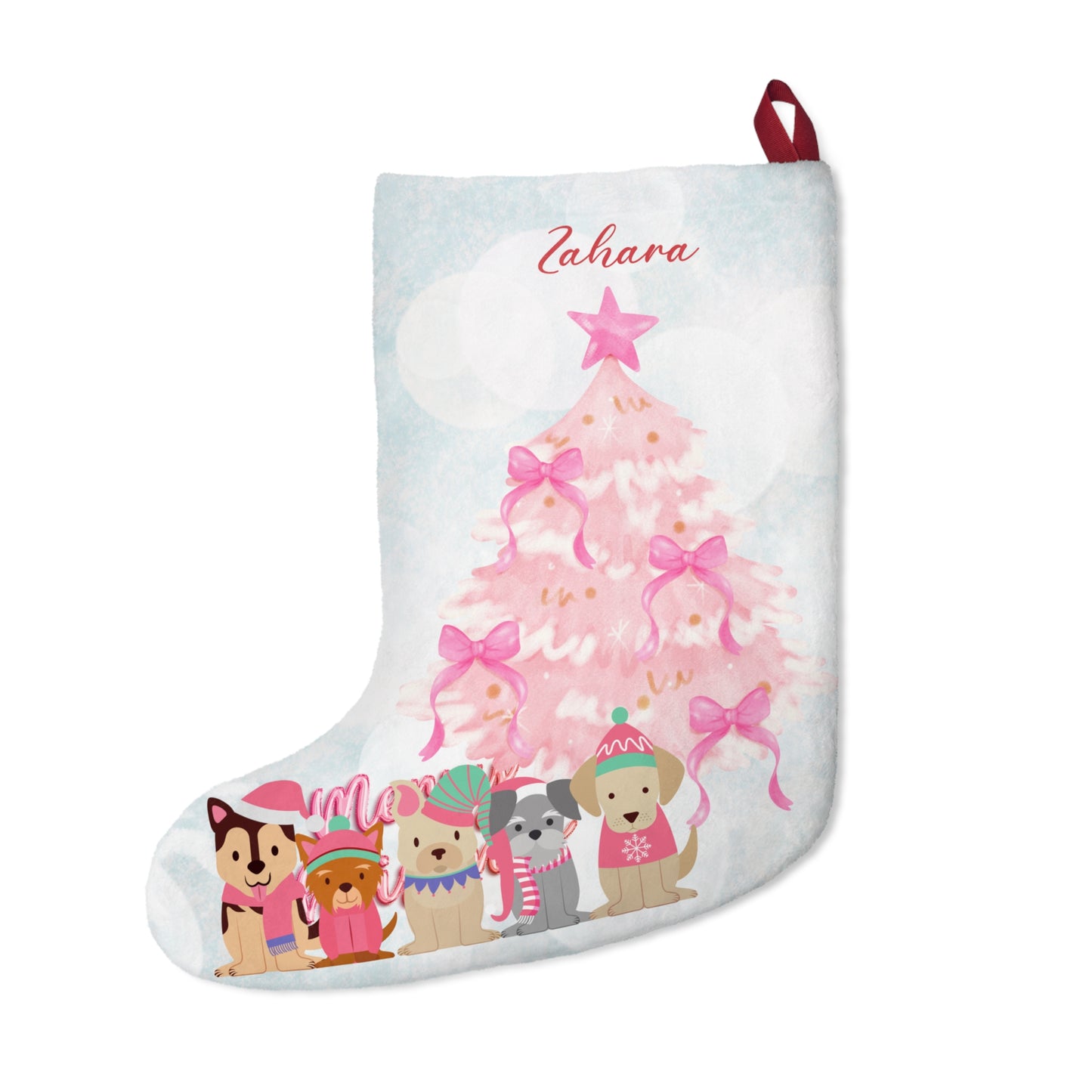 Zahara, Pink Tree & Puppies, Customizable - Christmas Stockings - 10320