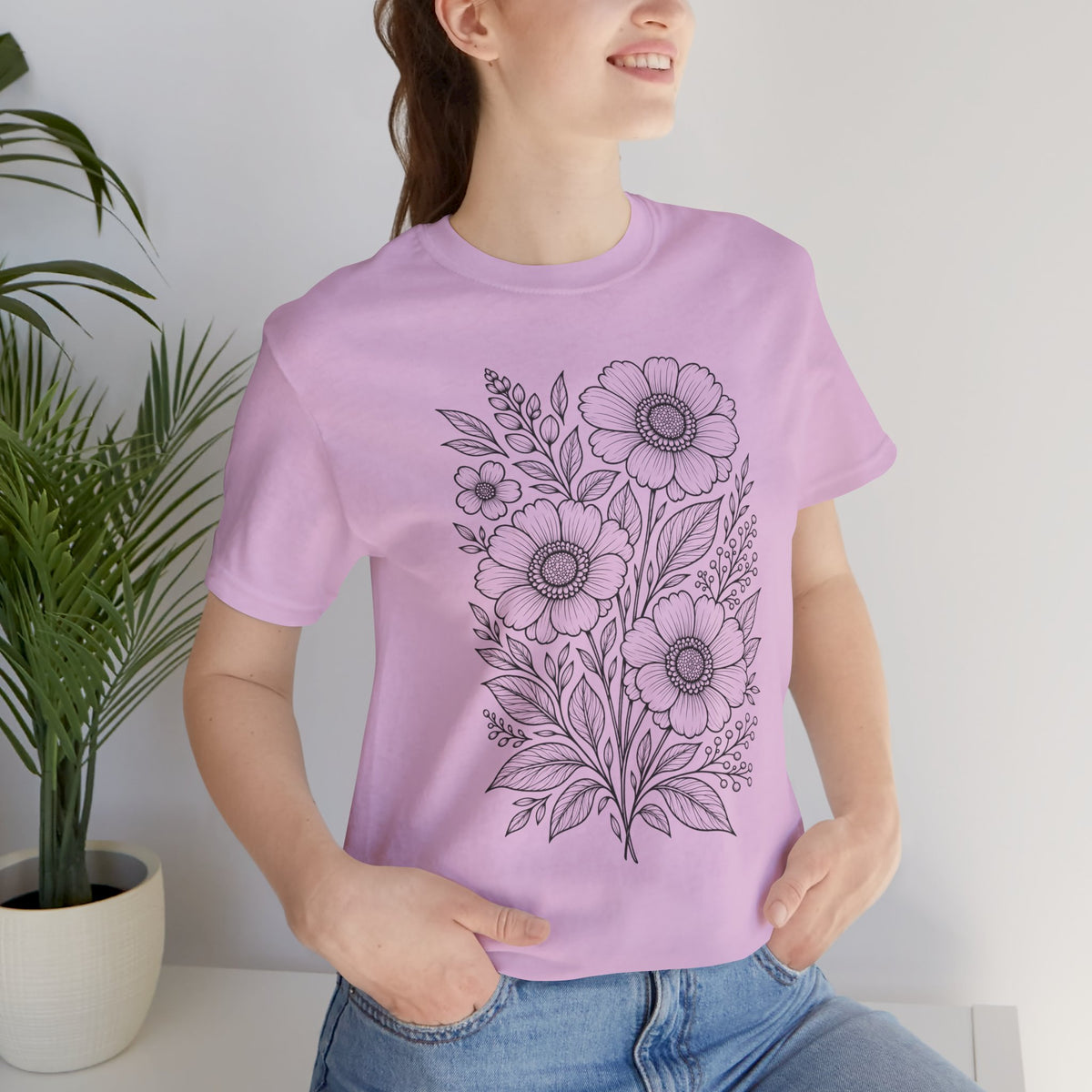 Vintage Floral Line Art T-Shirt, Botanical Wildflower Tee - 14561