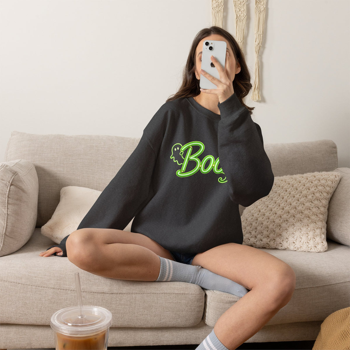 Neon Boo Halloween Sweatshirt, Cute Ghost Crewneck - 14517