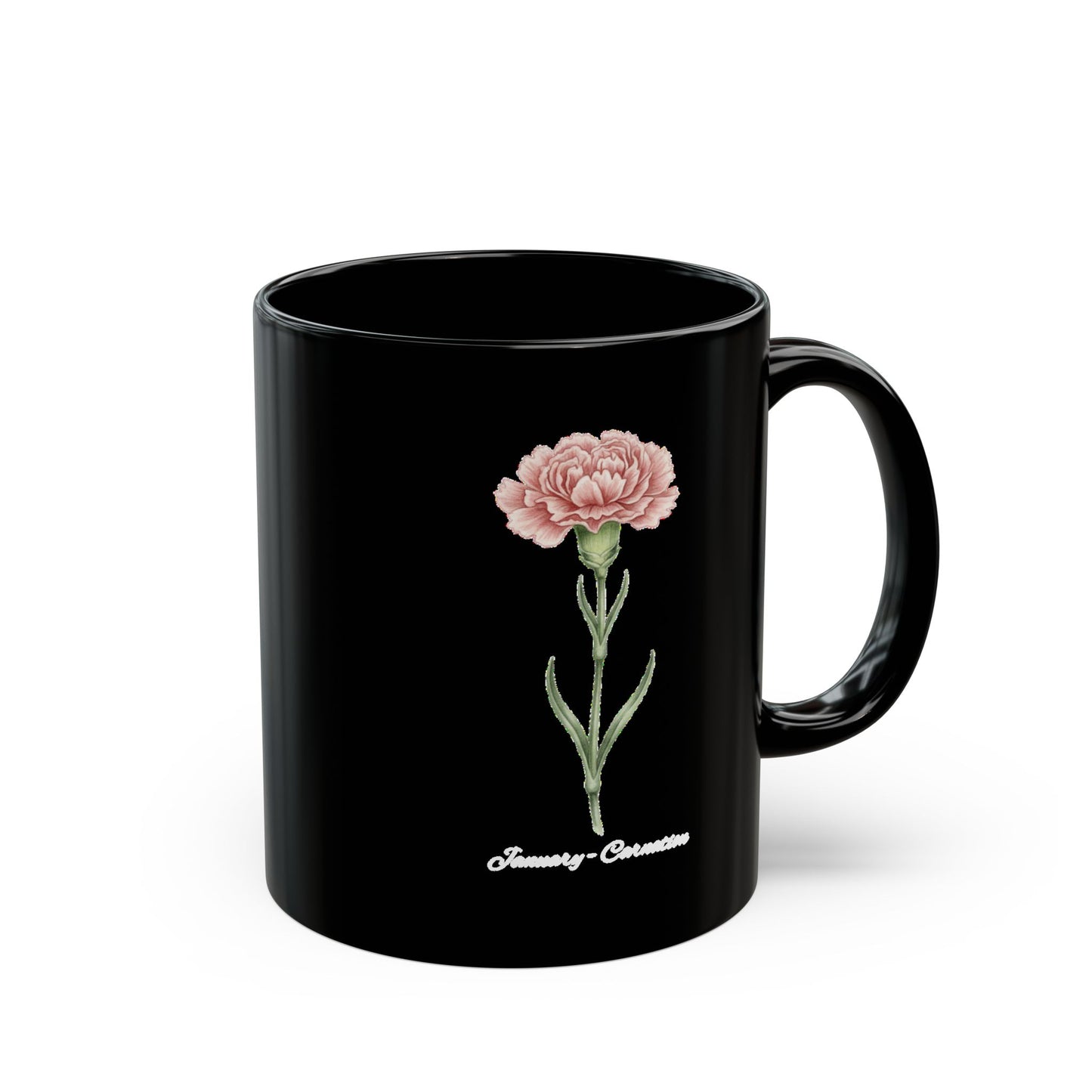 January Carnation Birth Flower Black Mug – Customizable (11oz & 15oz) - 14670