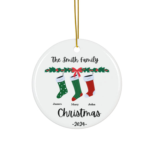 Stockings, Family of 3, Customizable - Ceramic Ornament, 2 Shapes, Circle & Snowflake - 10091