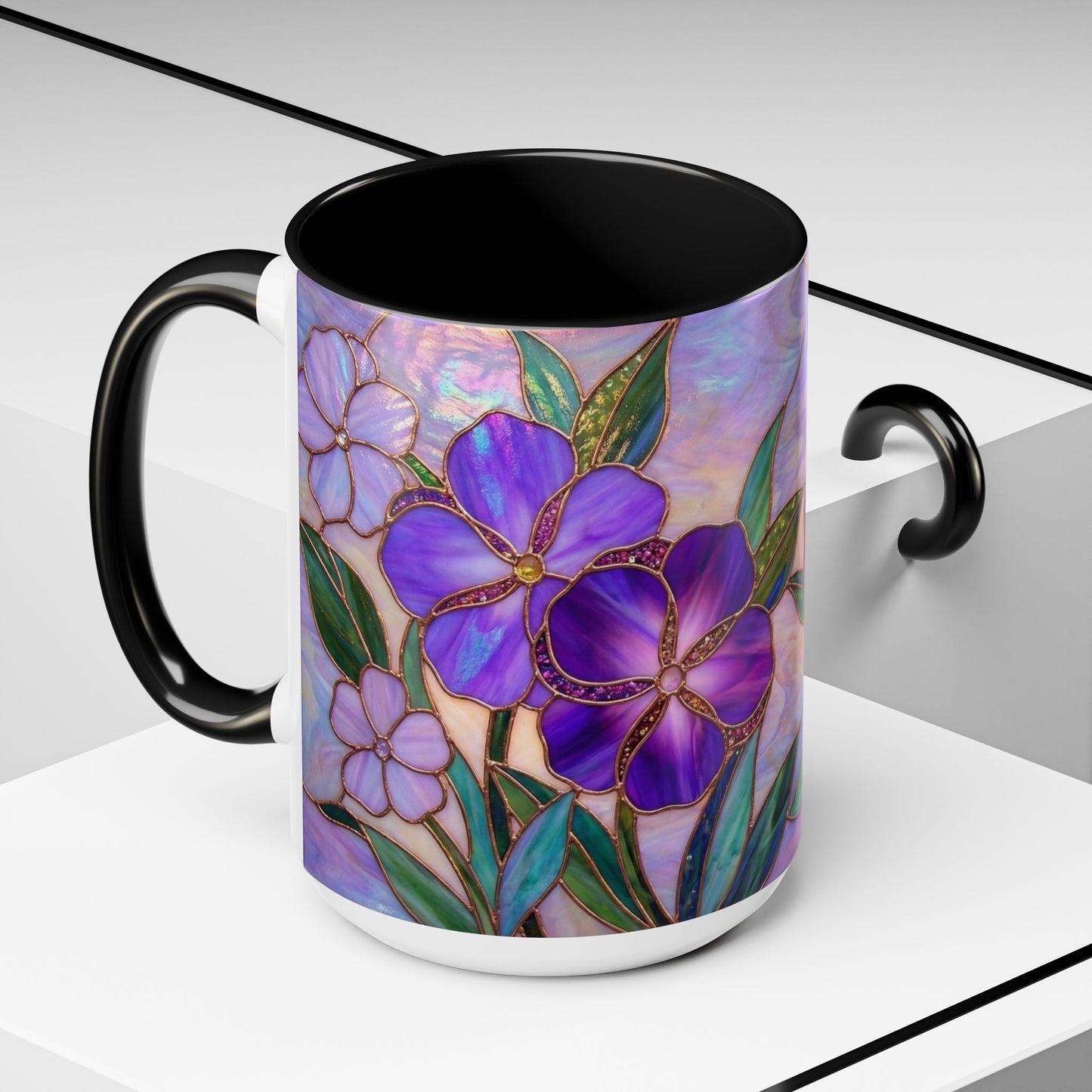 Stained Glass Violet Flowers Accent Coffee Mug, 11/15oz - 14537