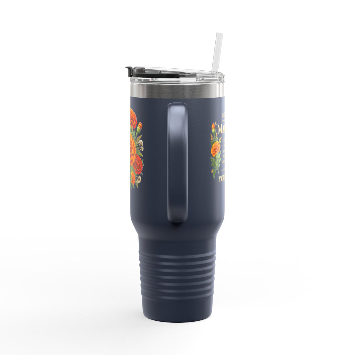 Personalized 40oz Marigold Travel Mug, October Birth Flower Tumbler - 14986