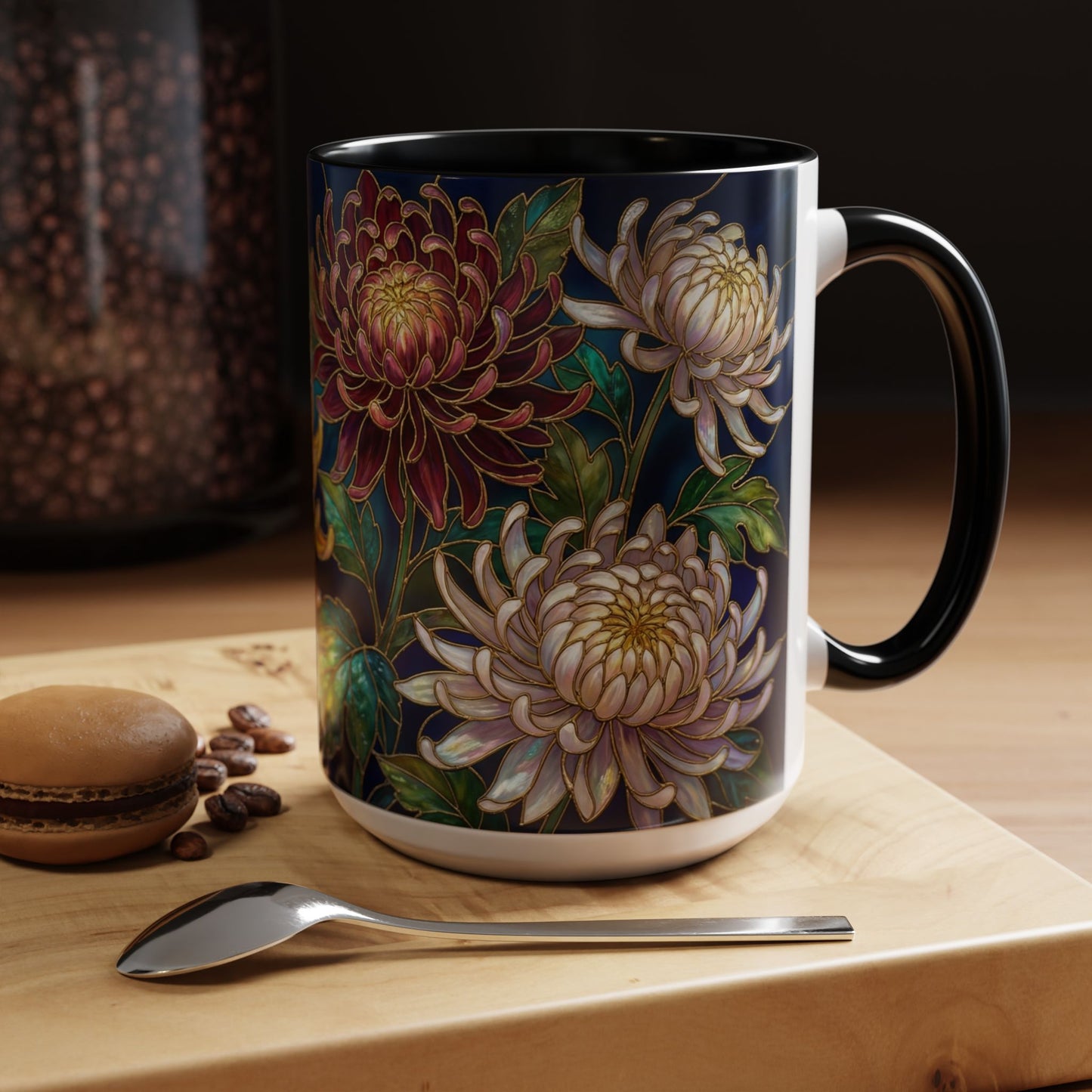 Chrysanthemum Floral Accent Coffee Mug — Stained Glass Design (11/15oz) - 14541