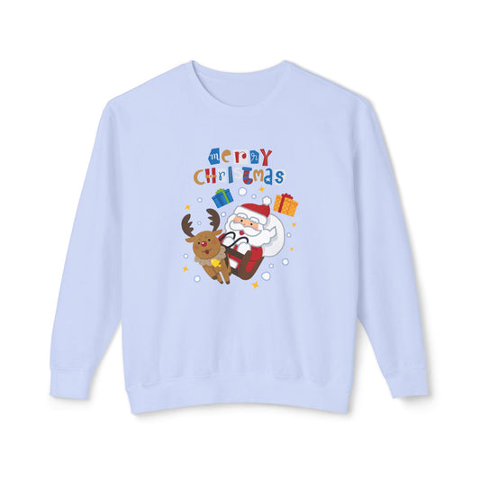 Merry Christmas, Santa & Reindeer - Unisex Lightweight Crewneck Sweatshirt - 10470