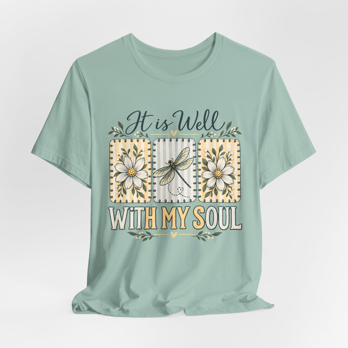 It Is Well With My Soul T-Shirt, Floral Dragonfly Christian Faith Tee - 14991