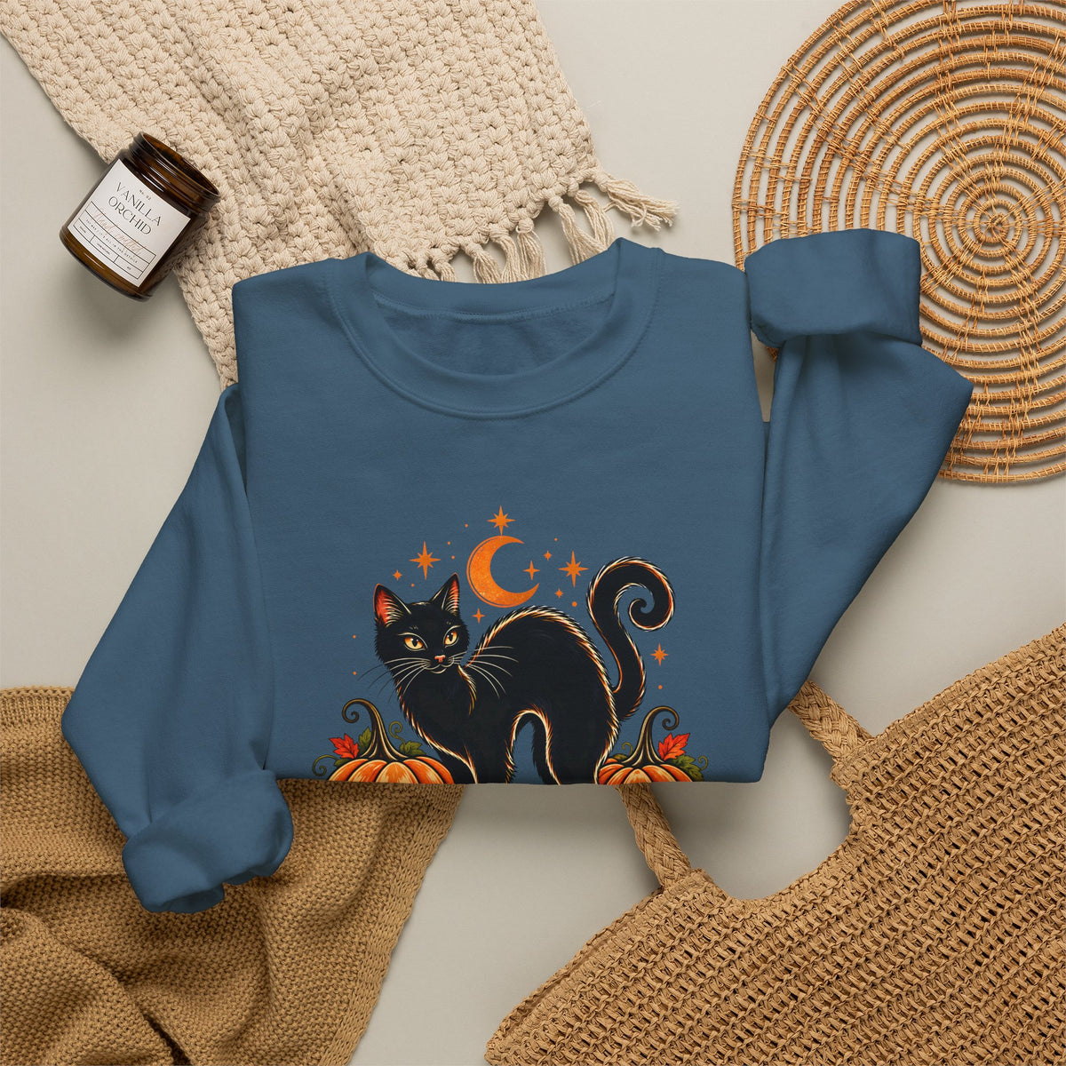 Halloween Black Cat & Pumpkins Sweatshirt, Vintage Autumn Crewneck - 14521