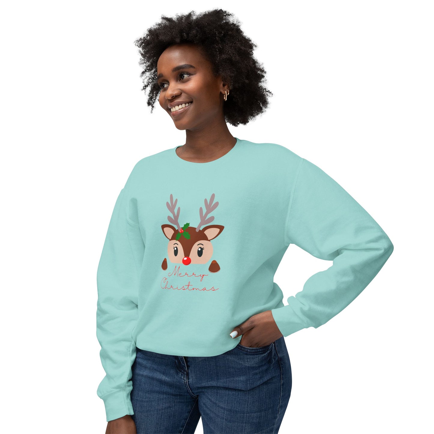 Reindeer, Merry Christmas - Unisex Lightweight Crewneck Sweatshirt - 10491