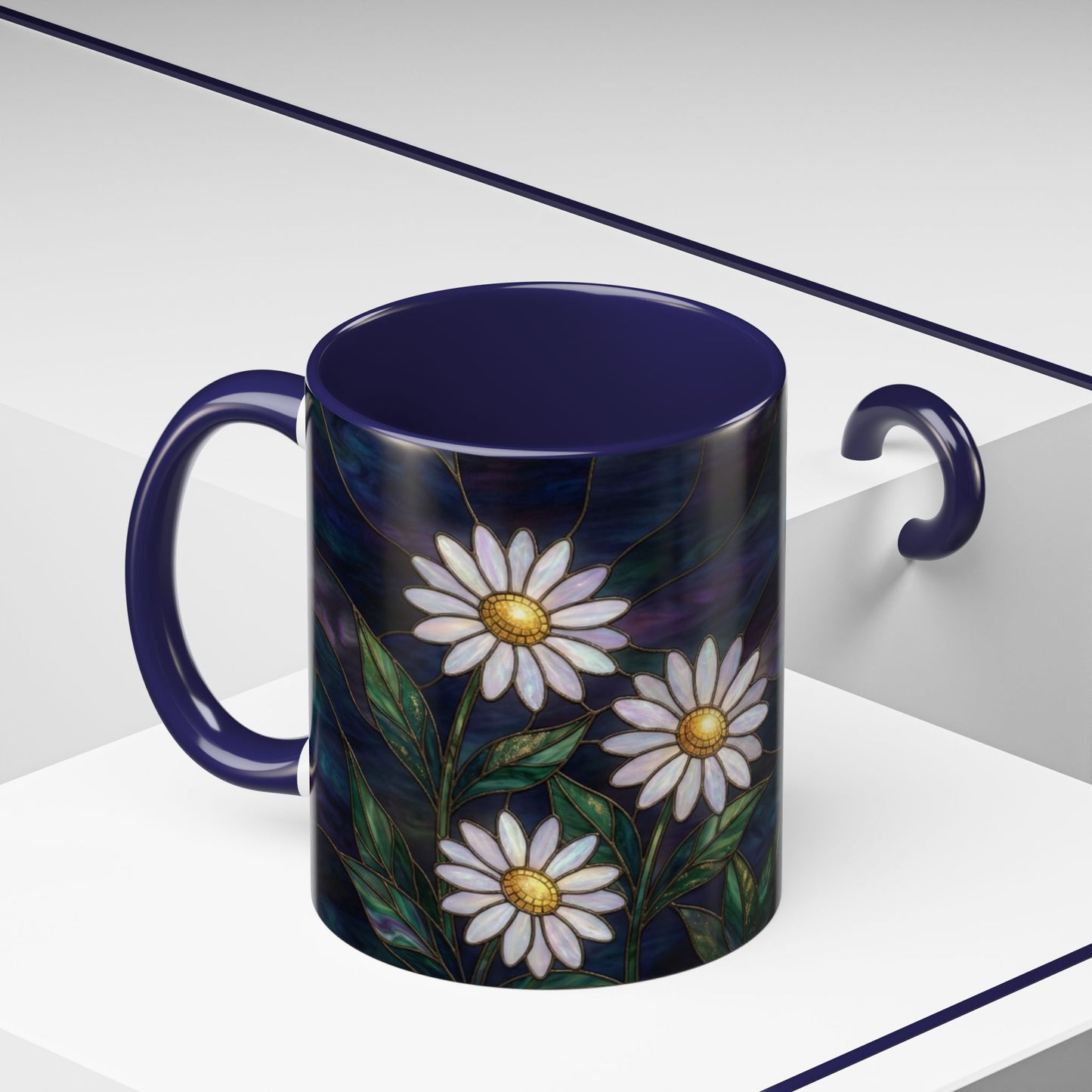 Daisy Stained Glass Accent Coffee Mug — White Daisies on Midnight (11/15oz) - 14535