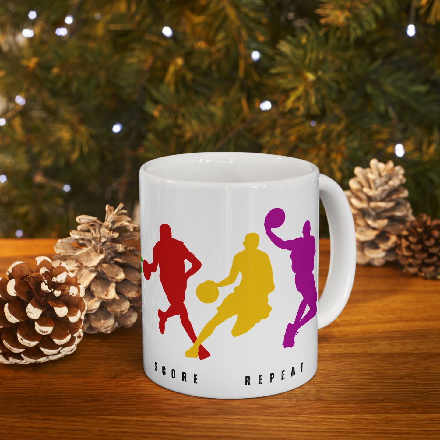 Dribble, Shoot, Score & Repeat, Basketball - Ceramic Mug, (11oz, 15oz) - 10301