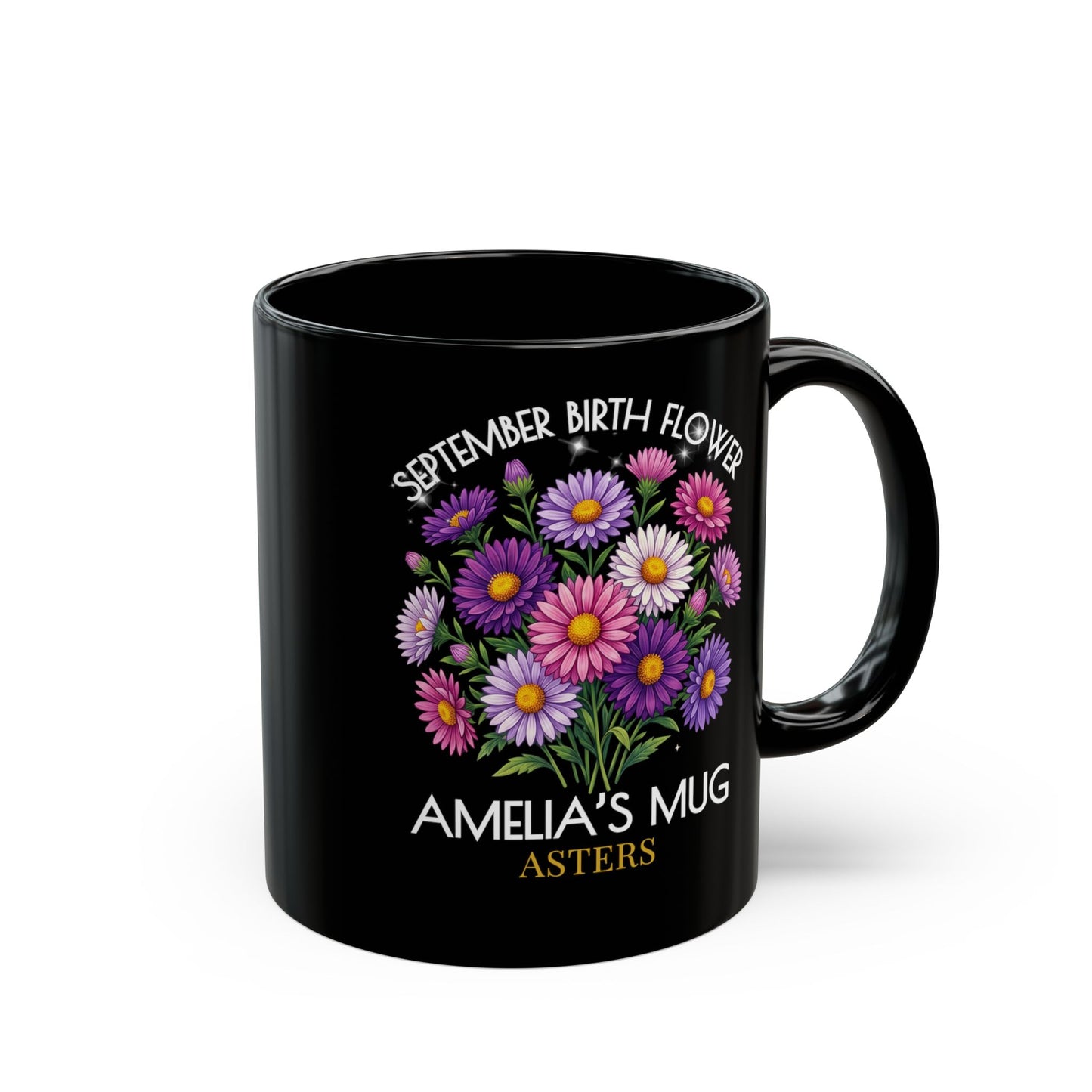 Personalized September Birth Flower Mug — Custom Name Aster Black Coffee Cup (11oz/15oz) - 14918