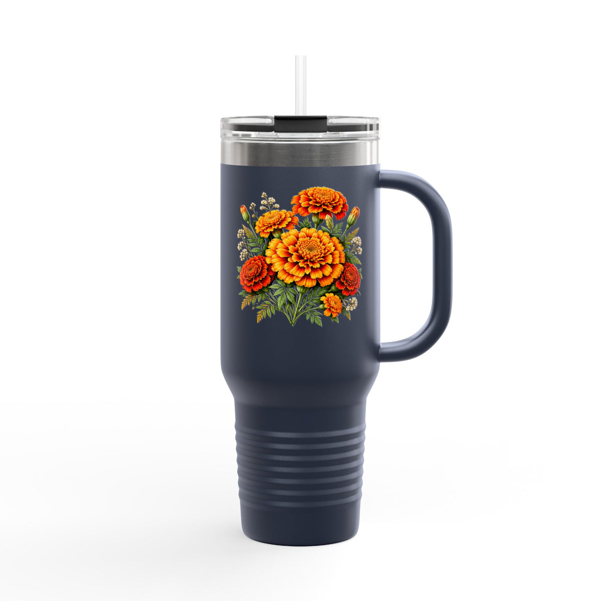 Personalized 40oz Marigold Travel Mug, October Birth Flower Tumbler - 14986