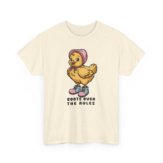 Cute Chick in Boots T-Shirt – “Boots Over The Rules” Funny Chicken Graphic Tee Gift - 14858
