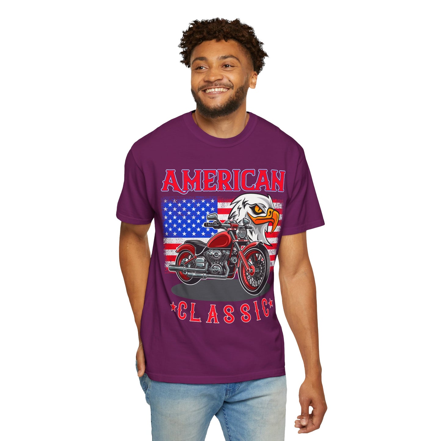 American Classic Tee, Unisex Garment-Dyed T-shirt, Biker Gift, Patriotic Apparel, Rider and Eagle Fashion, Vintage Style - 13658