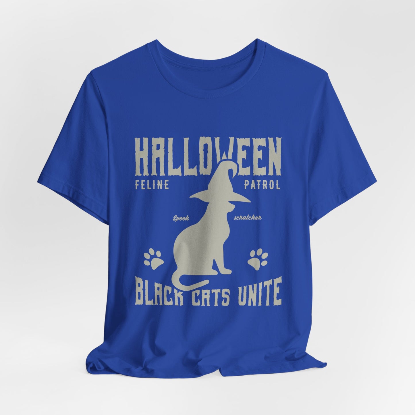 Halloween Feline Patrol, Spook Scratcher, Black Cats Unite  - Unisex Jersey Short Sleeve Tee