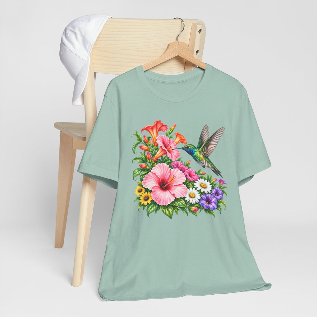 Hummingbird & Hibiscus T-Shirt, Colorful Tropical Floral Garden Tee - 14542