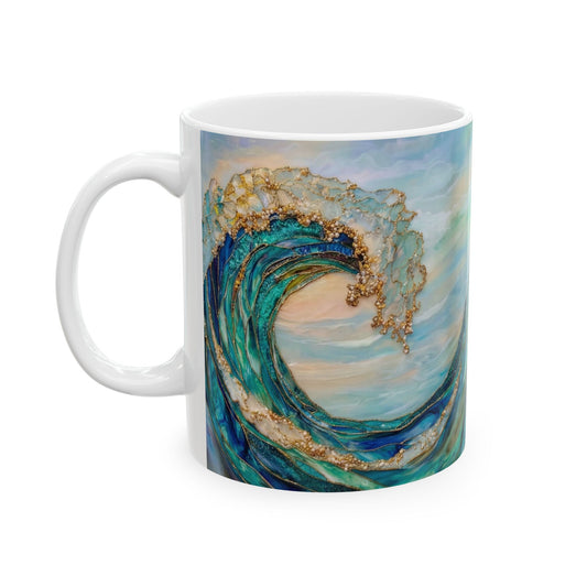 Ocean Wave Ceramic Mug — Teal & Gold Coastal Art Coffee Cup (11oz, 15oz) - 14522