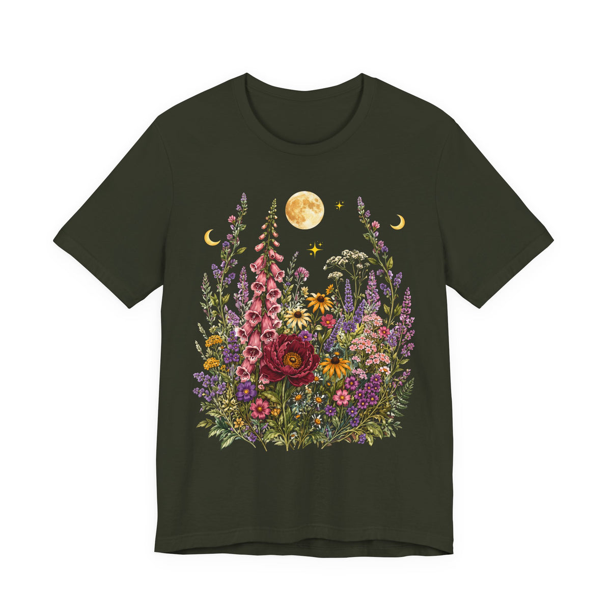 Floral Moon Garden T-Shirt, Vintage Wildflower & Celestial Graphic Tee - 14961