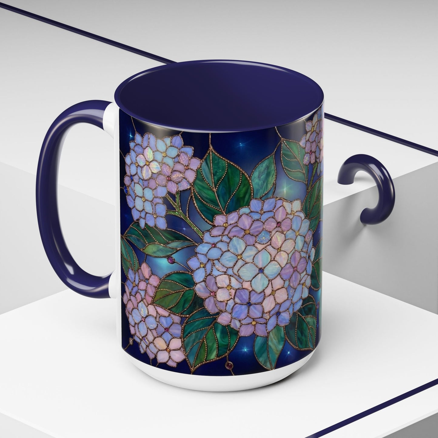 Hydrangea Floral Accent Coffee Mug — Stained Glass Design (11/15 oz) - 14571