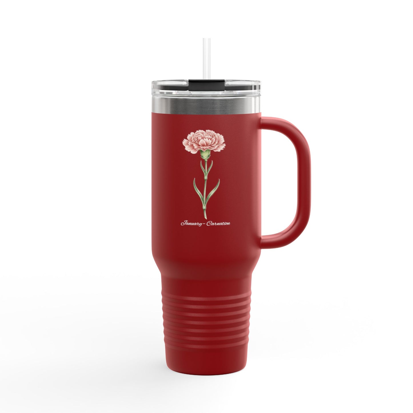 Carnation Floral Tumbler – January Birth Flower Gift | 40oz Insulated Travel Mug, Customizable — 14667