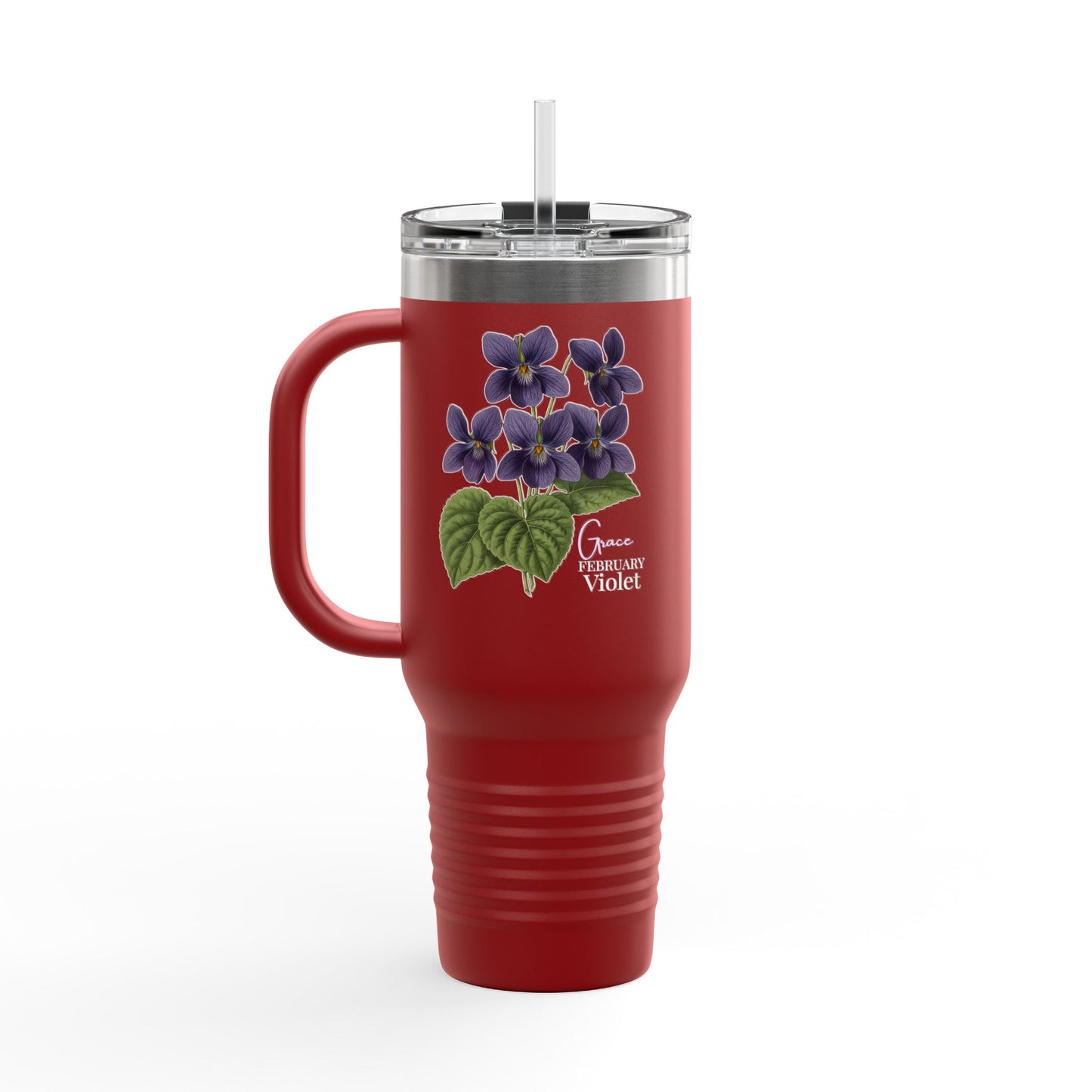 Violet Floral Tumbler – February Birth Flower Gift | 40oz Insulated Travel Mug, Customizable — 14688