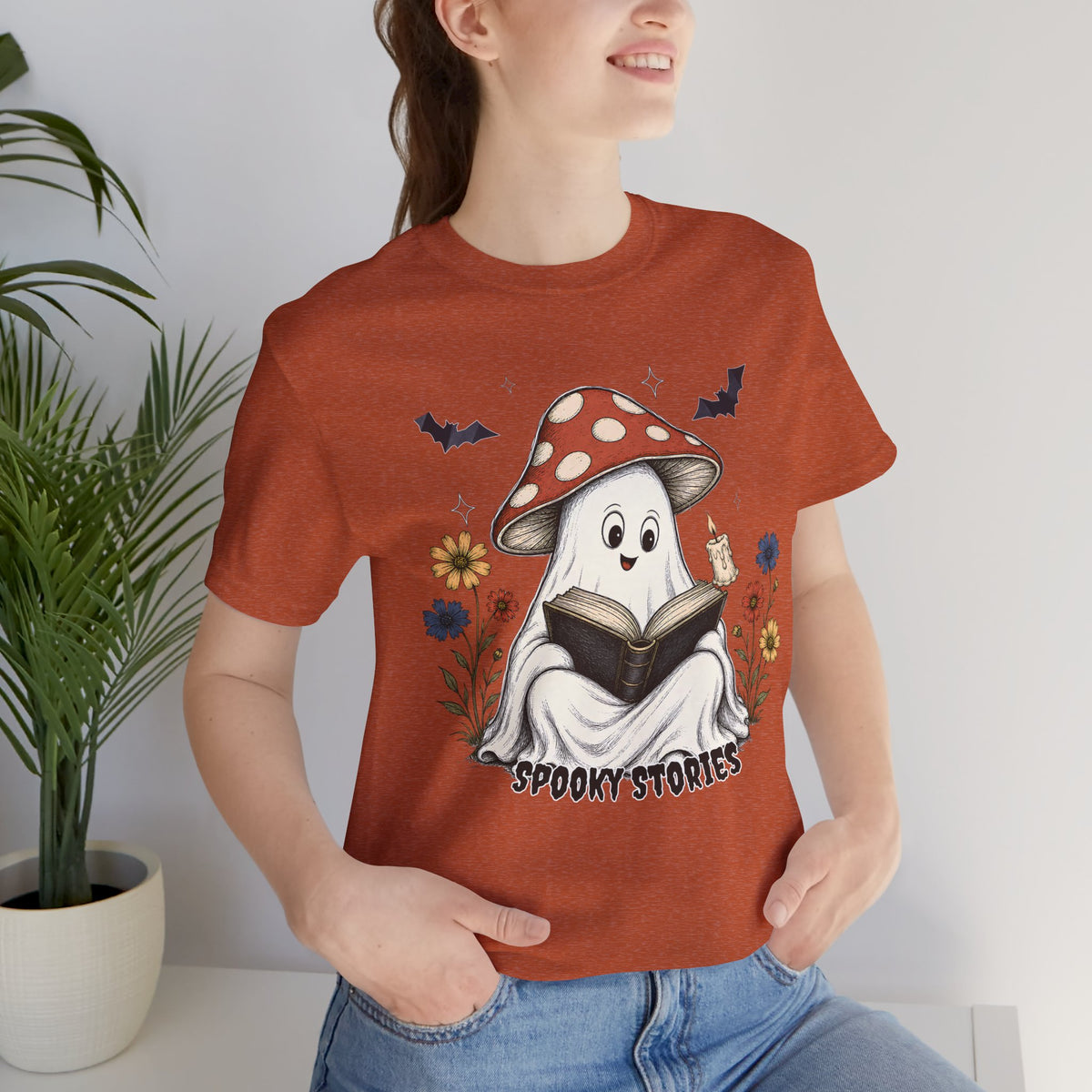 Spooky Stories Ghost T-Shirt, Cute Mushroom Ghost Reading Shirt for Halloween - 14970