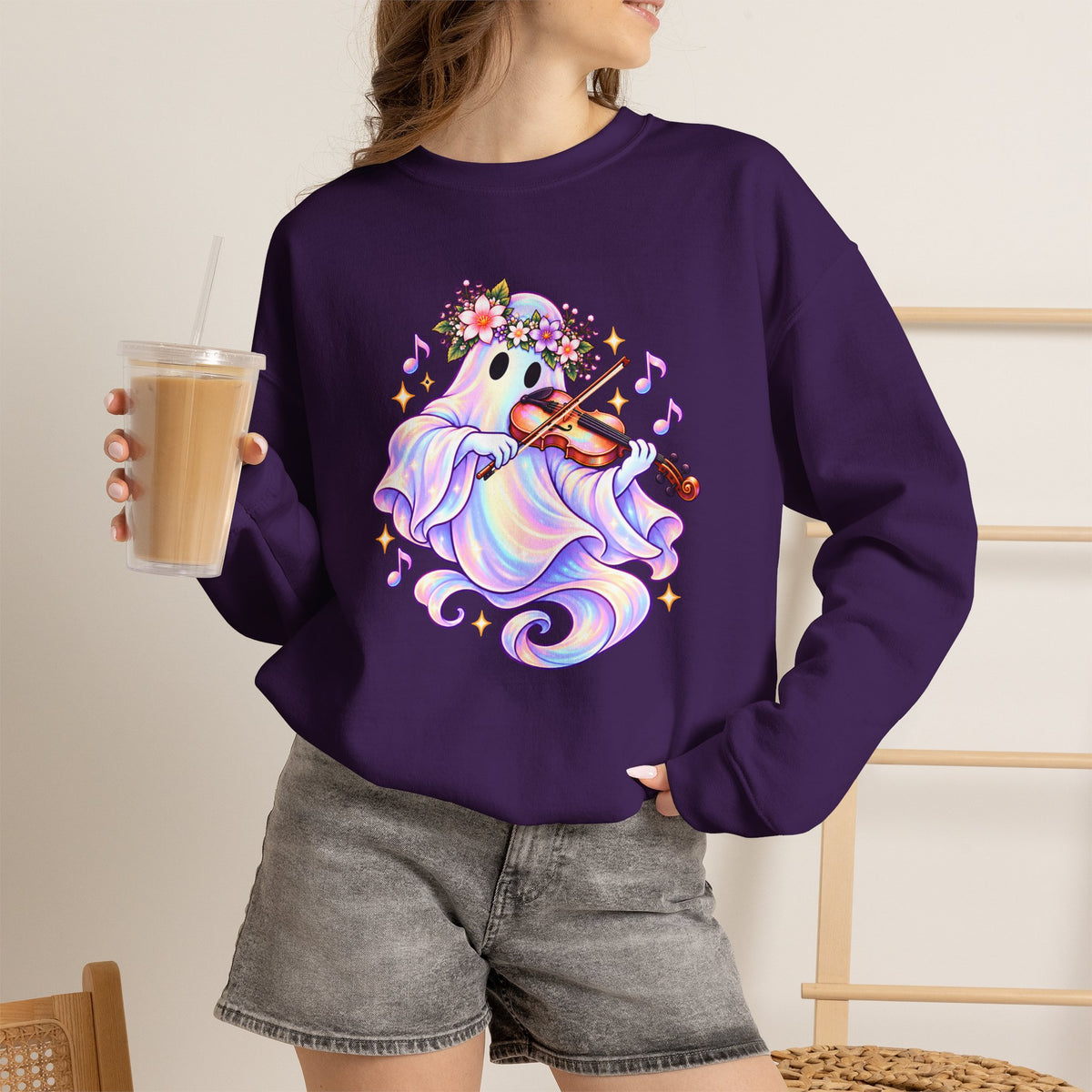 Ghost Violin Sweatshirt — Cute Floral Music Lover Crewneck - 14527
