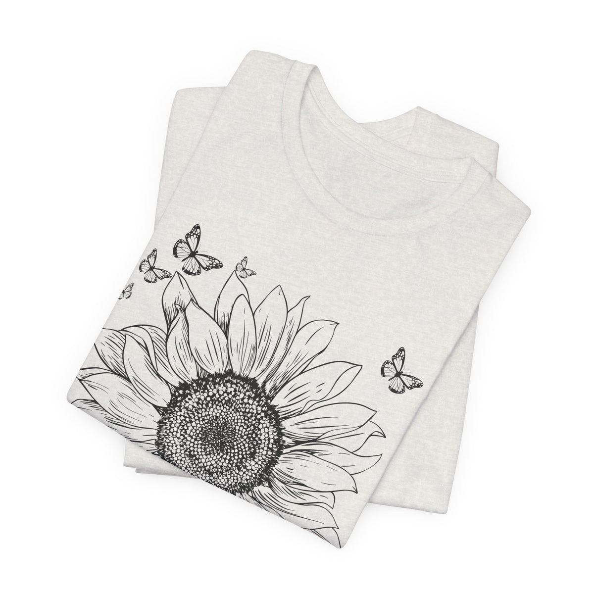 Sunflower Sketch T-Shirt, Vintage Botanical Sunflower & Butterfly Graphic Tee - 14982