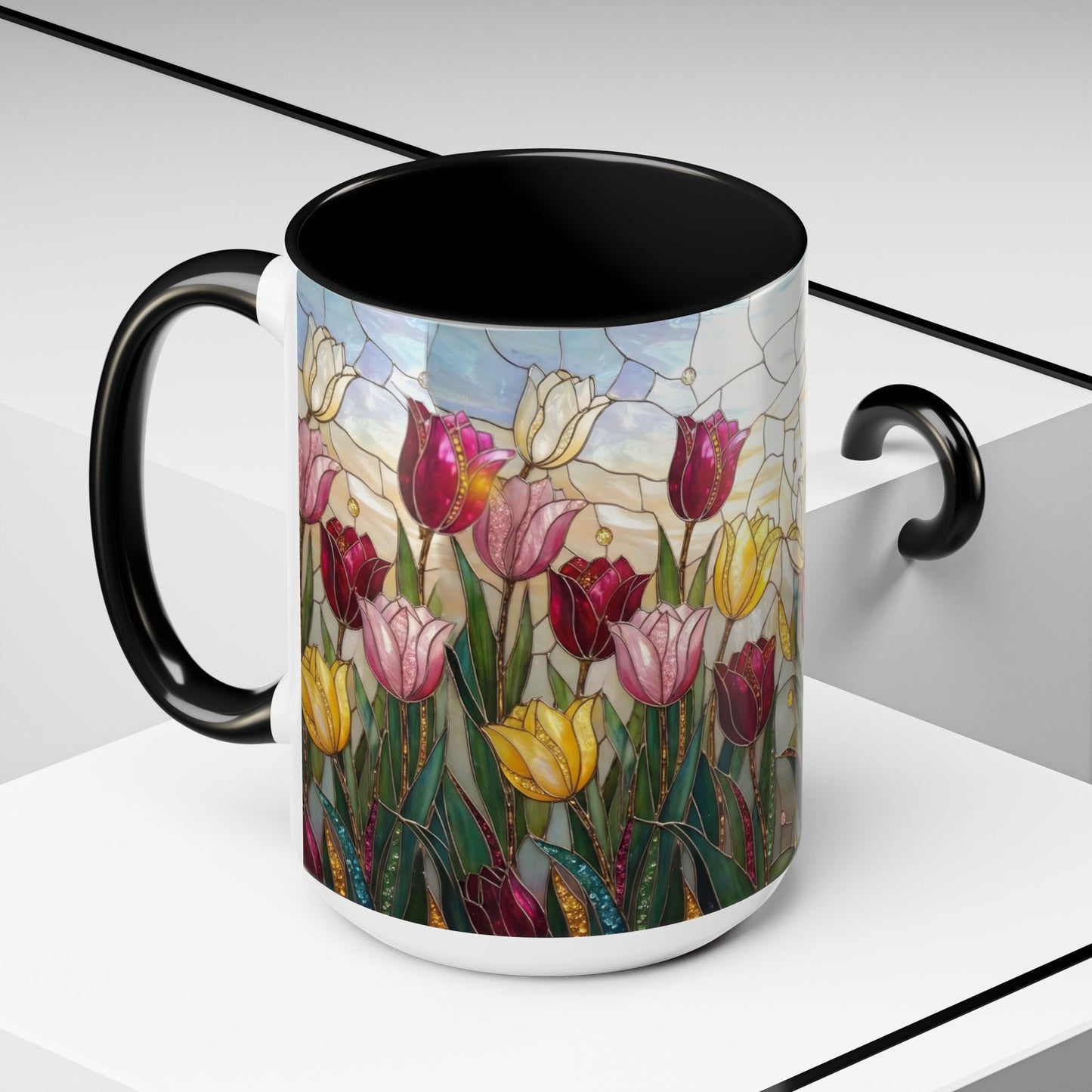 Tulip Stained Glass Accent Coffee Mug — Floral Spring Tea & Coffee Cup (11/15oz) - 14525