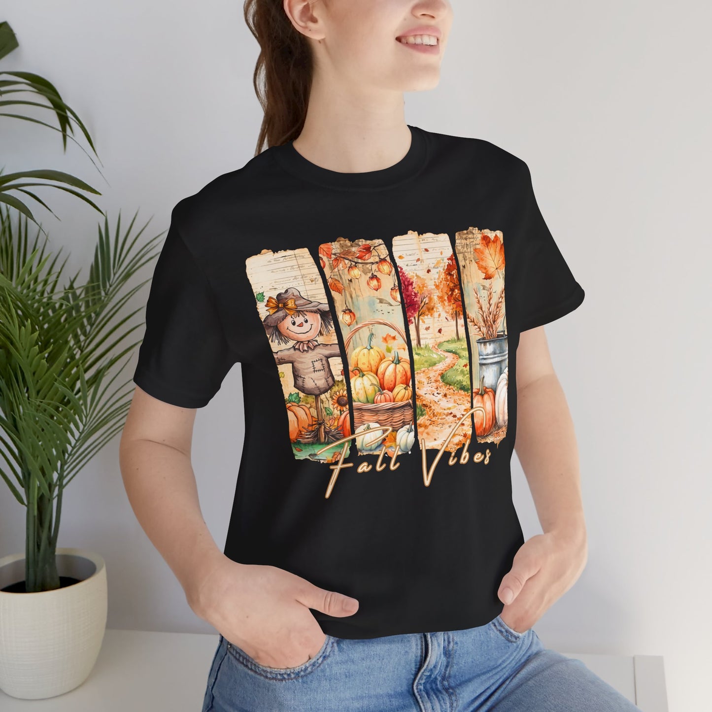 Fall Vibes T-Shirt, Autumn Pumpkin, Scarecrow & Harvest Graphic Tee - 14948
