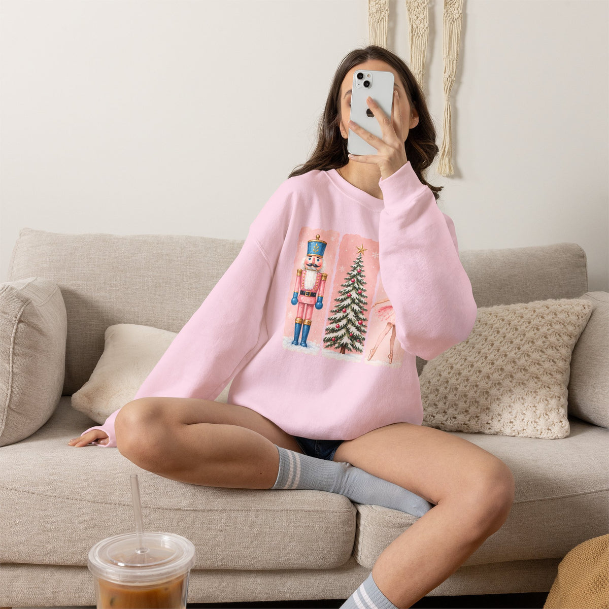 Christmas Nutcracker & Ballerina Sweatshirt, Vintage Pink Holiday Crewneck - 14568