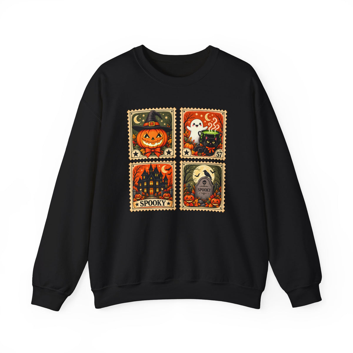Vintage Halloween Stamp Sweatshirt, Spooky Pumpkin & Ghost Crewneck - 14510