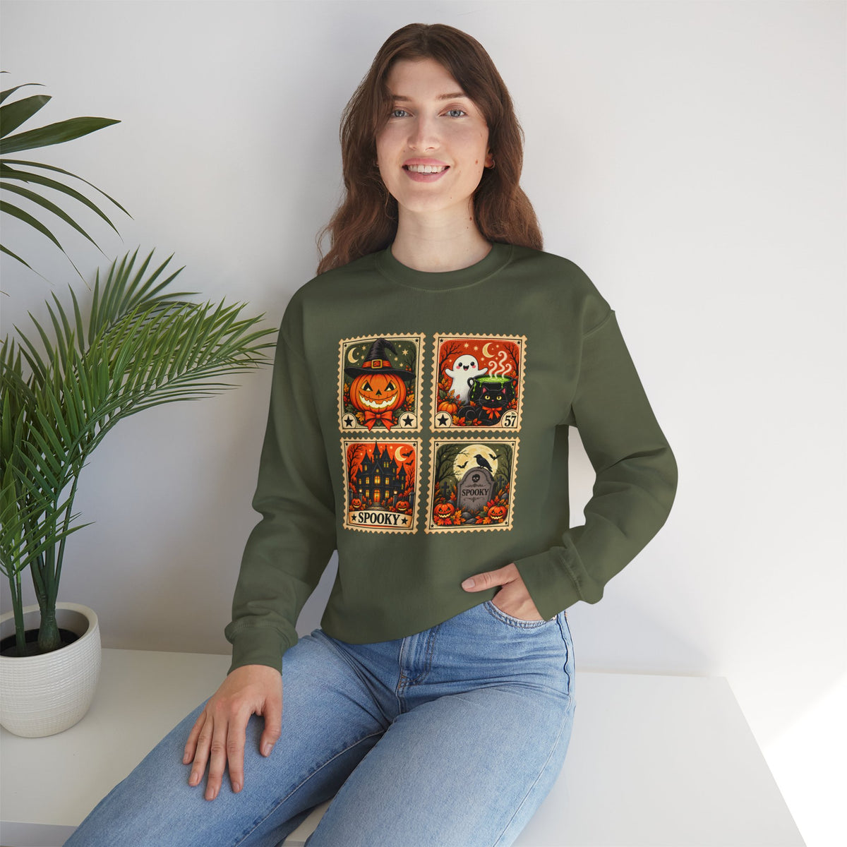 Vintage Halloween Stamp Sweatshirt, Spooky Pumpkin & Ghost Crewneck - 14510