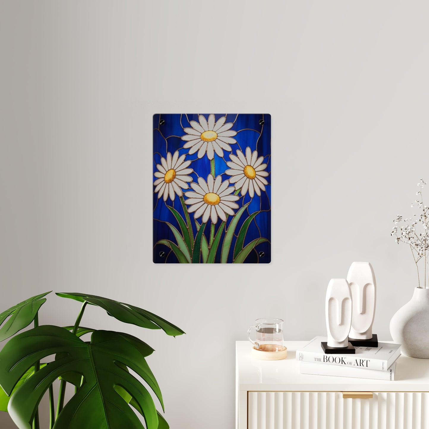 Daisy Stained-Glass Acrylic Wall Art Panel — White Daisies on Deep Blue Background - 14602