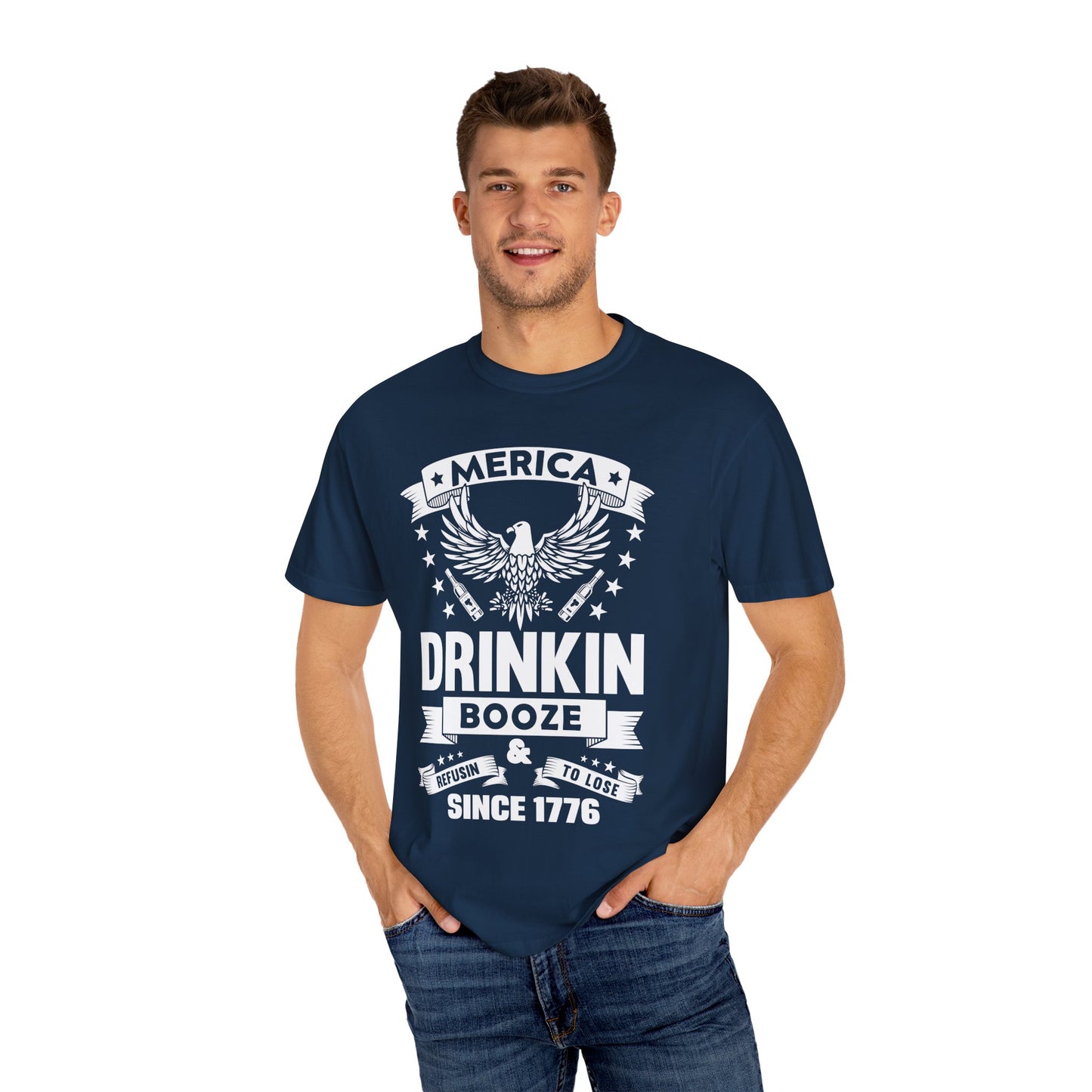 Patriotic Graphic Tee, Unisex Vintage T-shirt, Amerca Drinking Booze Shirt, Independence Day Gift, Casual Wear, Freedom Fashion - 13788